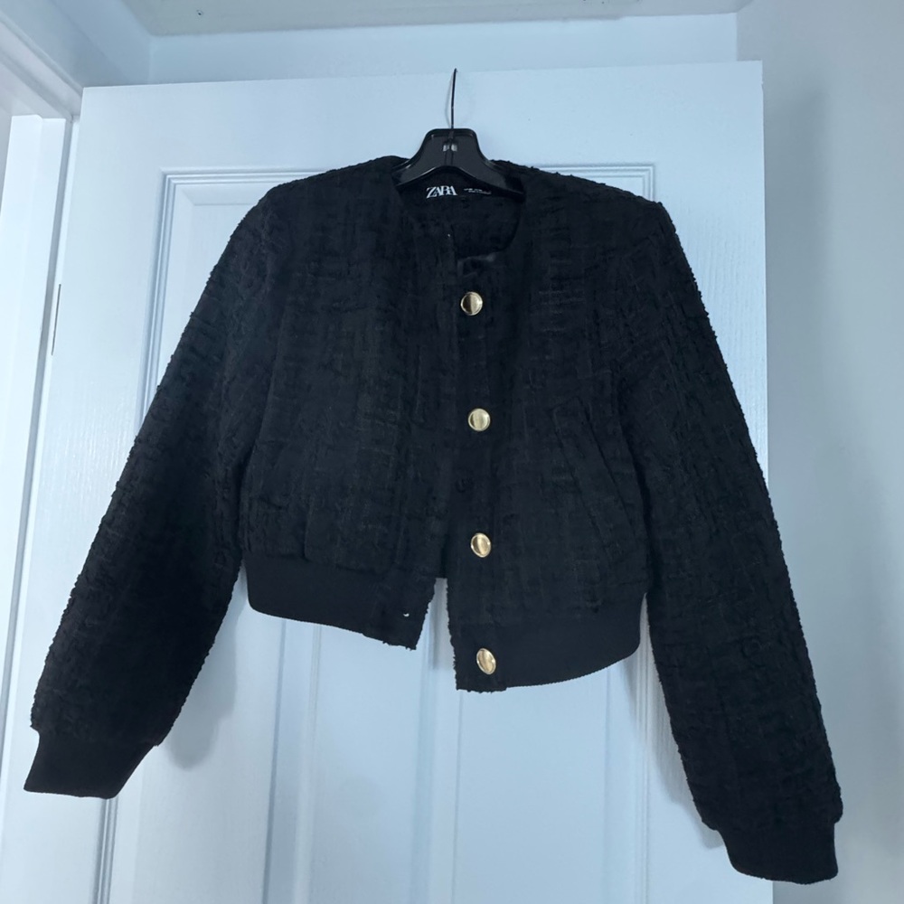 Zara Women's Boucle Black Bomber Jacket with Gold Buttons